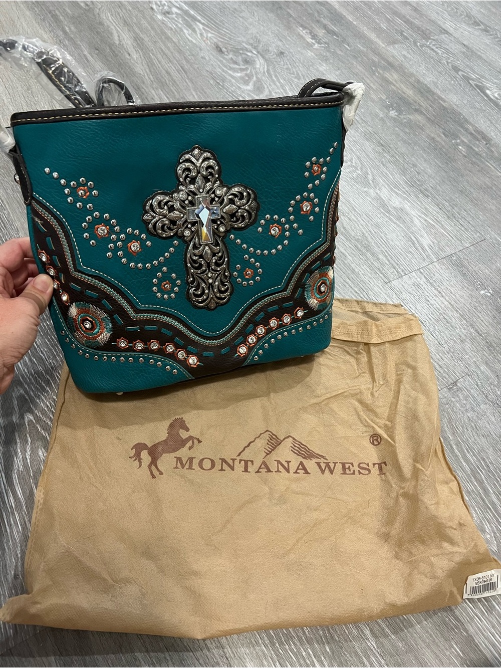 Montana West Teal Cross Embellished Crossbody with Brown Trim